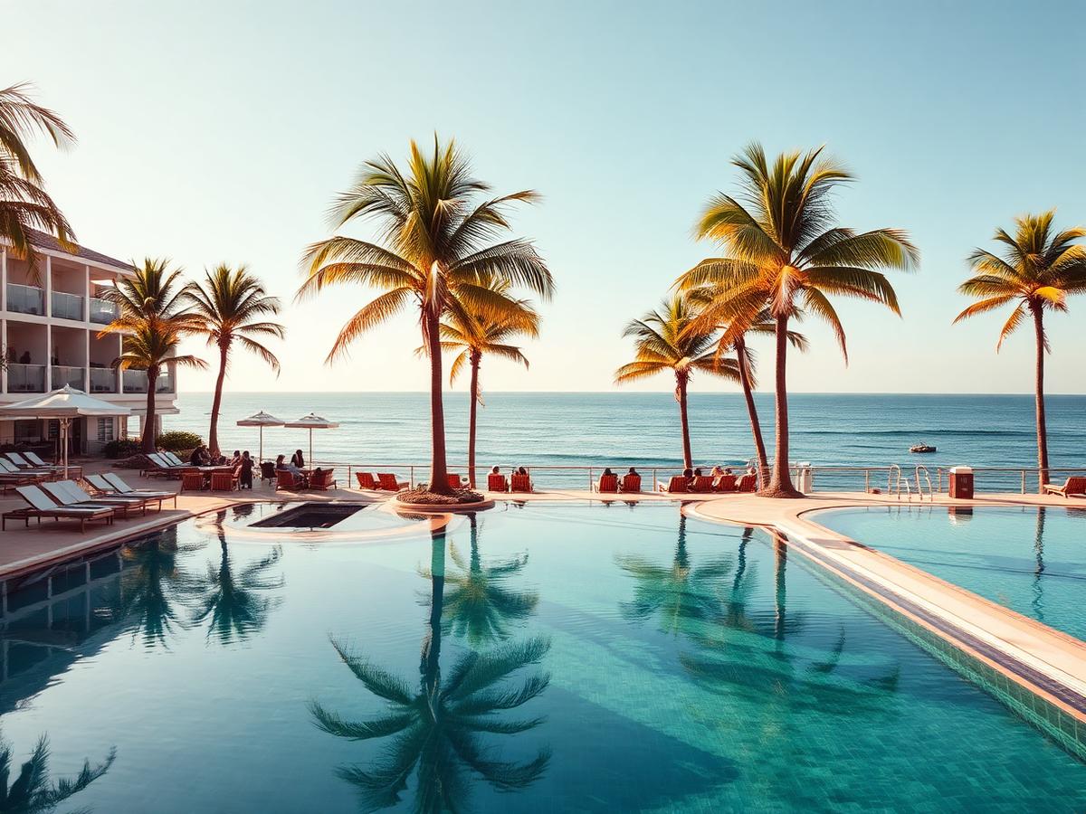 Resort pool deck at golden hour
